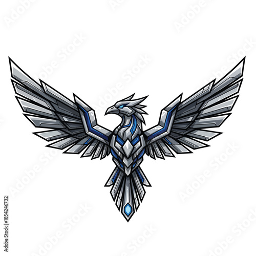 Stylized Metallic Phoenix with Blue Accents and Geometric Design.
