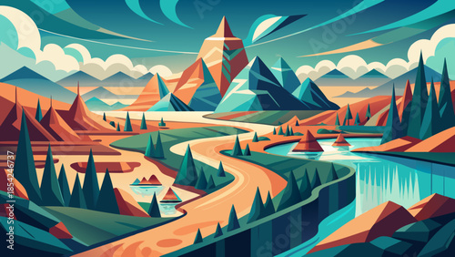 Organic meets geometric travel landscape with flowing hills and faceted mountains