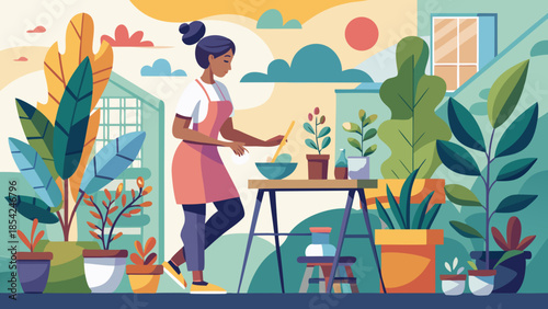 Organic-flow hobby scene with plants and art in a calm minimalist style