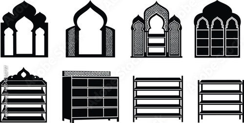 Islamic mosque interior vector illustration set featuring mihrab arches windows and wooden shoe racks shelving furniture icons for prayer spaces