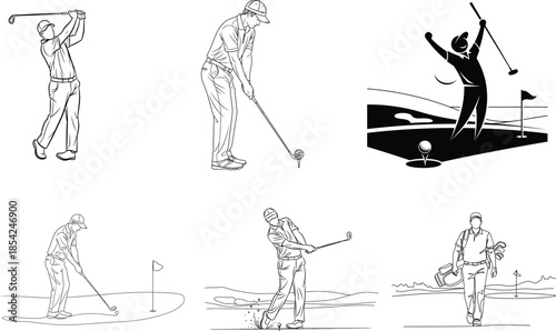Golfing techniques illustrated in a series of sketches