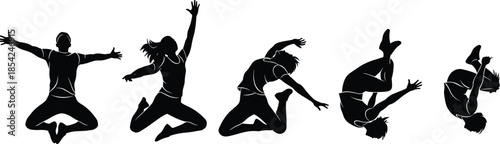 Dynamic jumping people silhouette vector set showing athletic dance motion energy freedom action isolated on white background illustration design collection