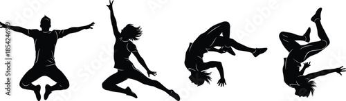 Dynamic jumping people silhouette vector set showcasing athletic dance motion energy freedom action isolated on white background illustration design collection