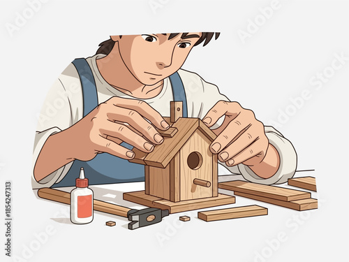 Man Building a Wooden Birdhouse Carefully.
