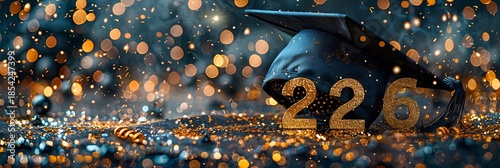 Panoramic celebratory graduation cap and year 2026 with bokeh lights