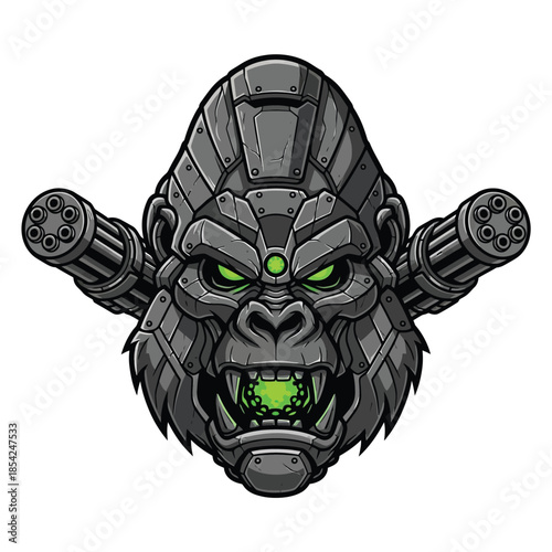 Cybernetic Gorilla Head with Integrated Gatling Guns and Glowing Eyes.