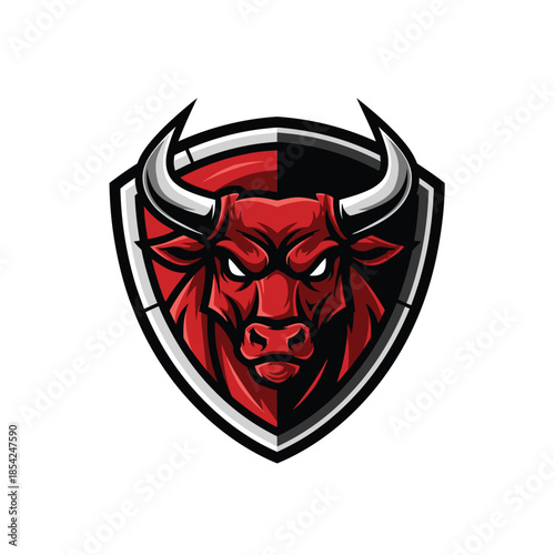 Red Bull Mascot Logo with Aggressive Expression in Shield Emblem.