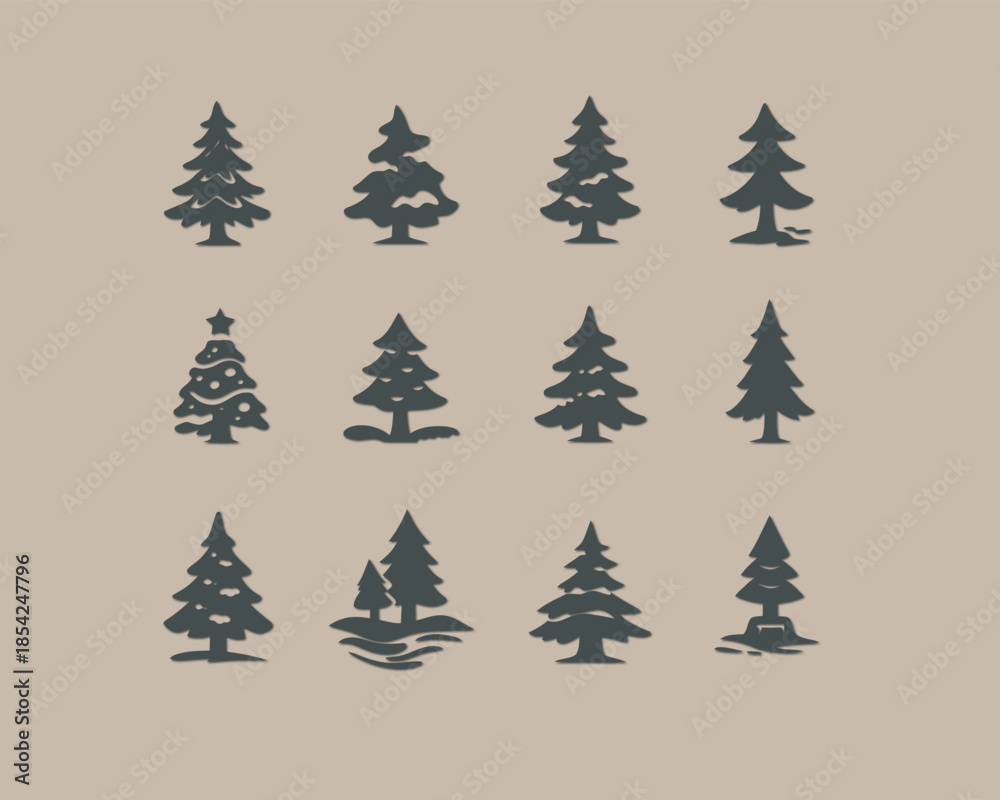 Obraz premium Evergreen Forest Silhouette A collection of various evergreen tree illustrations create a tranquil forest scene. A sense of peace and natural wonder. 