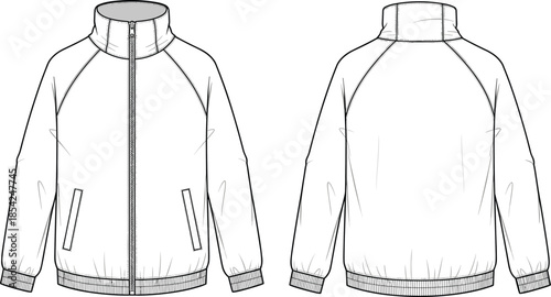 Men zip up jacket cad drawing flat vector illustration showing front and back views with stand collar zipper pockets