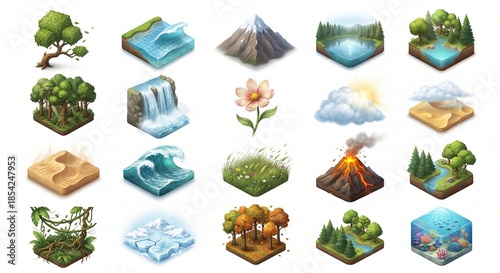 Isometric natural landscape and weather icons set on white background for game or app design
