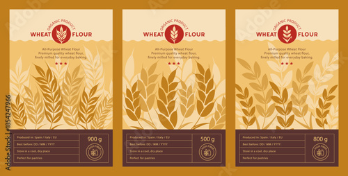 Wheat Packaging Design. Product Label Set with Ear of Wheat Illustrations and Logo Design