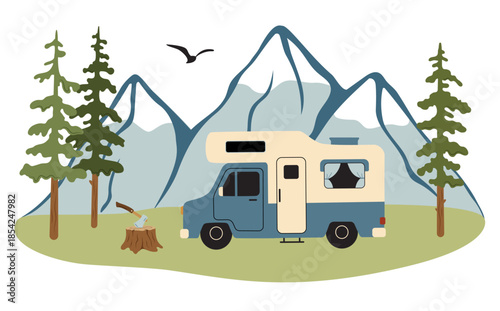 Vector illustration of a motorhome on a forest clearing with mountains in the background. Camper van, pine trees, tree stump with an axe. Outdoor recreation scene, travel and camping concept.