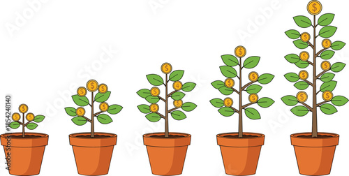 Money growth concept illustration showing financial investment progress with coin plants growing in pots isolated on white background vector design