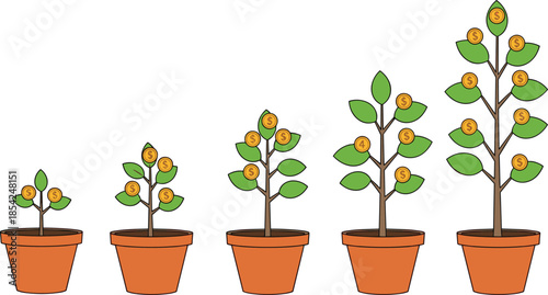 Money tree growth concept illustration showing financial investment progress with coin plants growing in pots isolated on white background vector design