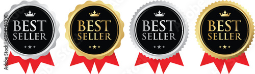 Set of Best Seller Vector Badges with Gold and Silver Frames and Red Ribbons