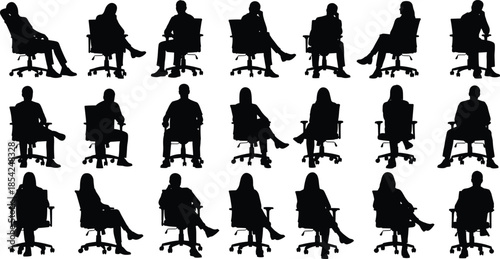 Office chair people silhouette set with men and women sitting in various professional poses isolated on white background vector illustration