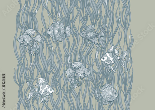 Seamless aquarium pattern with ornamental fish swimming among wavy green seaweed. Vector decorative design for textile and wallpaper, repeating tileable background tropical fish, detailed foliage