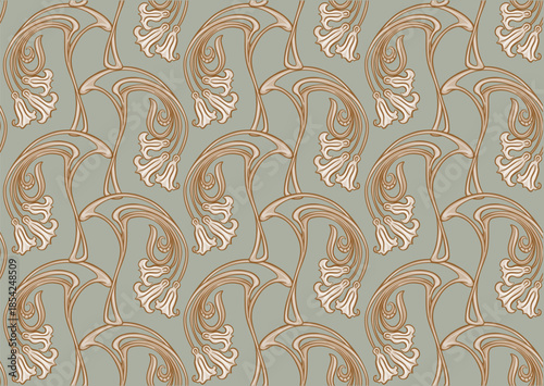 Decorative flowers and leaves in art nouveau style, vintage, old, retro style. Seamless pattern, background. Vector illustration. In art nouveau style, vintage, old, retro style.