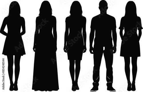 People silhouette set with women and man standing in elegant full body poses isolated on white background vector illustration design