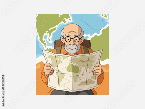 Elderly Man Studying Map with Backpack.