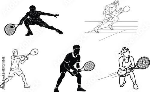 Tennis players in action poses with rackets