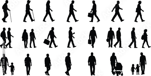 People walking silhouette set with men women families and commuters in various poses isolated on white background vector illustration
