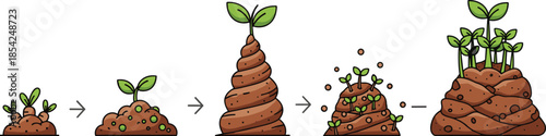Plant growth stages illustration showing seedling development and soil transformation process from sprout to mature plant isolated on white background vector design