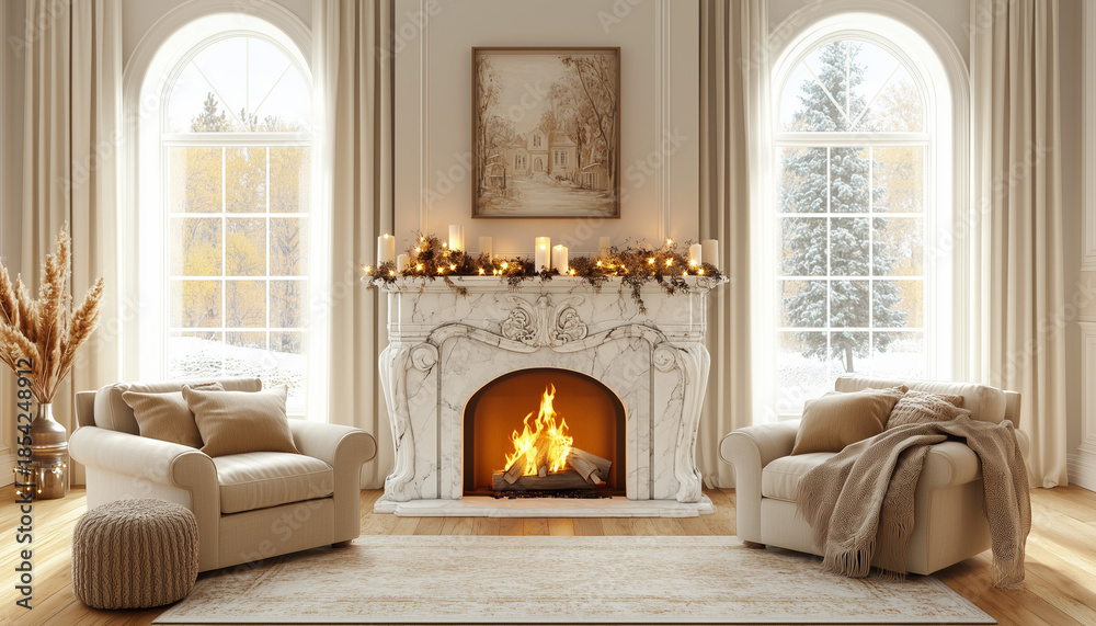Fototapeta premium Fireplace crackles with warm light in cozy living room. Sofas draped with blankets invite relaxation. Candles glow, creating serene,