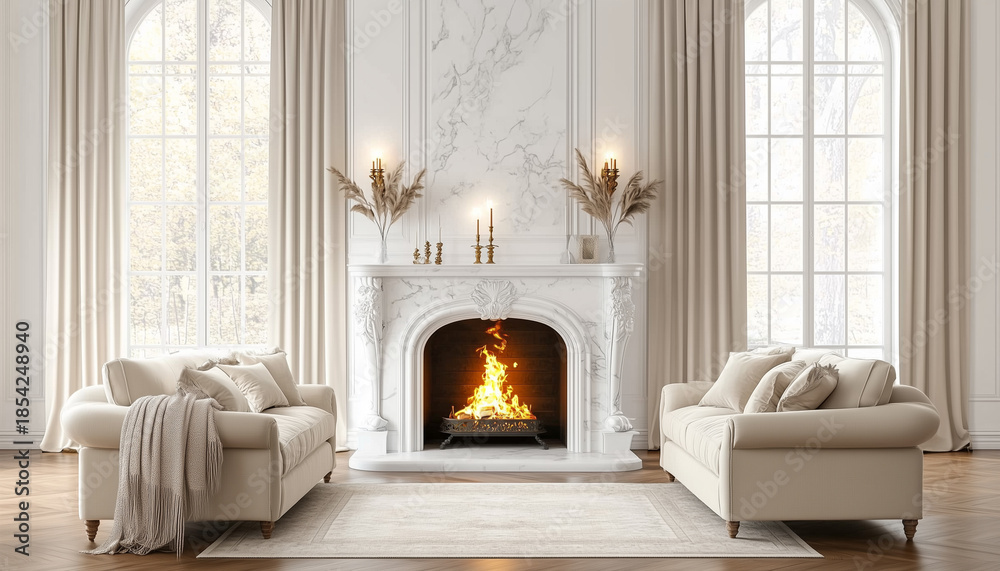Fototapeta premium Fireplace crackles with warm light in cozy living room. Sofas draped with blankets invite relaxation. Candles glow, creating serene,