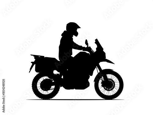 “Black silhouette of a motorcyclist riding an adventure motorcycle in profile, facing left, on a clean white background, graphic minimalist style.”