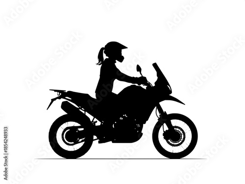 “Black silhouette of a motorcyclist riding an adventure motorcycle in profile, facing left, on a clean white background, graphic minimalist style.”
