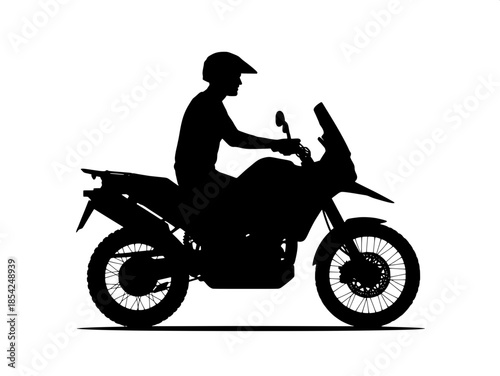 “Black silhouette of a motorcyclist riding an adventure motorcycle in profile, facing left, on a clean white background, graphic minimalist style.”