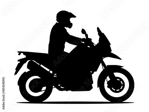 “Black silhouette of a motorcyclist riding an adventure motorcycle in profile, facing left, on a clean white background, graphic minimalist style.”