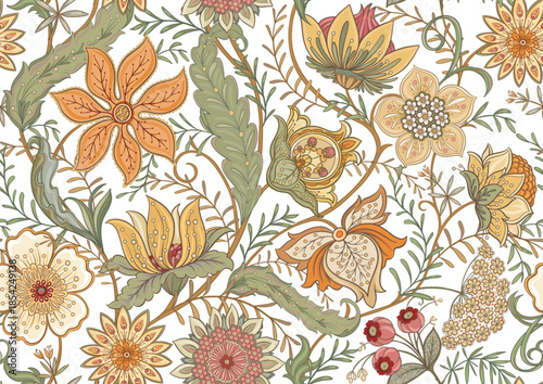 Ornate floral seamless pattern. Elegant hand-drawn botanical motif with intricate repeating layout for textile and wallpaper. Classic flowers and foliage create a refined vintage background.