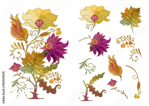 Fantasy flowers in retro, vintage, jacobean embroidery style. Clip art, set of elements for design Vector illustration.