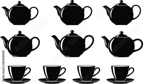 Teapot and teacup silhouette set with classic tea kettle and cups isolated on white background minimalist vector illustration