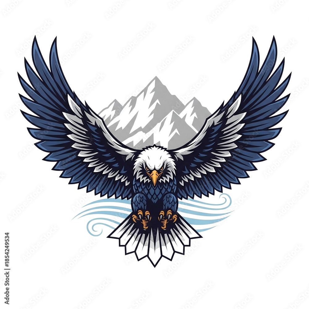 Obraz premium Fierce Eagle with Wings Spread Over Mountains and Waves isolated on a transparent background