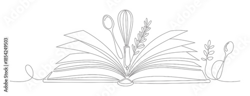 Continuous Line Art Illustration of an Open Recipe Cookbook, Minimalist Single Line Drawing, Elegant Kitchen and Food Concept on White Background