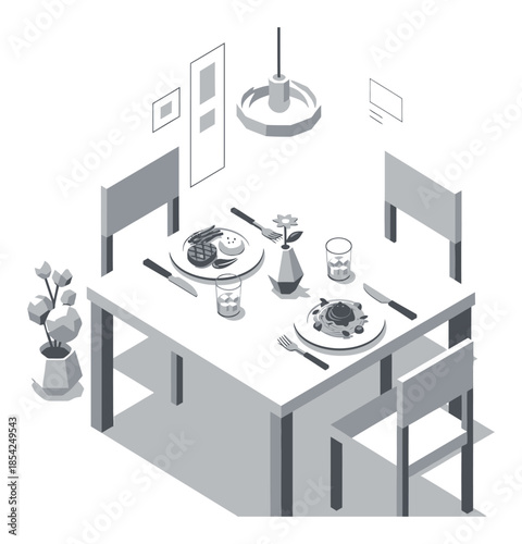 Modern Isometric Restaurant Dining Table with Meal, 3D Vector Illustration on White Background
