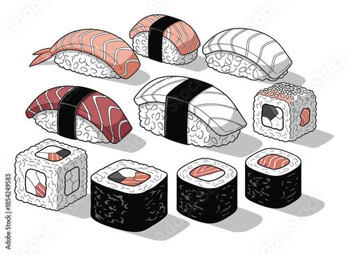 Modern Duotone Sushi Vector Illustration on White Background