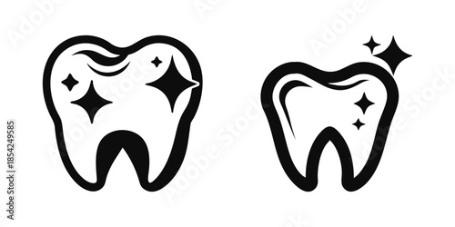 Clean shiny tooth icons in bold black style, two stylized molar shapes with smooth enamel curves, sparkle stars indicating cleanliness, dental hygiene symbolism, minimal medical graphic design.