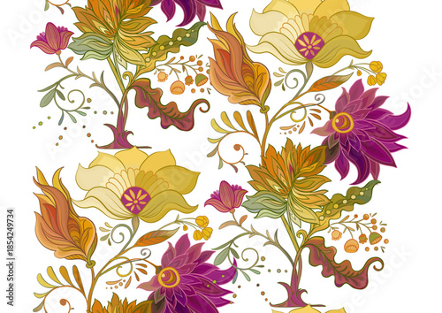 Fantasy flowers in retro, vintage, jacobean embroidery style. Seamless pattern, background. Vector illustration.