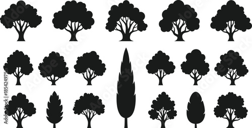 Tree silhouette collection featuring various forest and garden shapes isolated on white background minimal flat vector illustration set