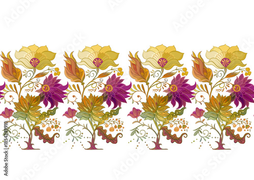 Fantasy flowers in retro, vintage, jacobean embroidery style. Seamless pattern, background. Vector illustration.