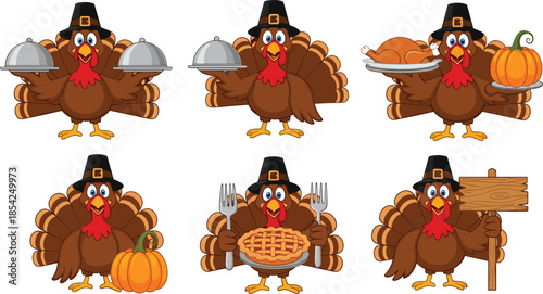 Thanksgiving turkey cartoon character set wearing pilgrim hat holding food pumpkin pie and serving dishes isolated on white background illustration