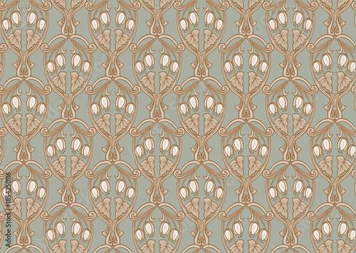 Decorative flowers and leaves in art nouveau style, vintage, old, retro style. Seamless pattern, background. Vector illustration. In art nouveau style, vintage, old, retro style.