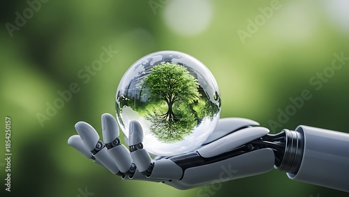Robotic hand holding glass globe with tree and green forest reflection robot hand artificial intelligence