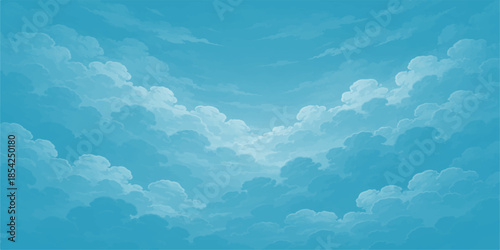 A beautiful clear blue sky with fluffy white clouds and bright sunlight creates a stunning summer nature cloudscape in the high atmosphere on a sunny day