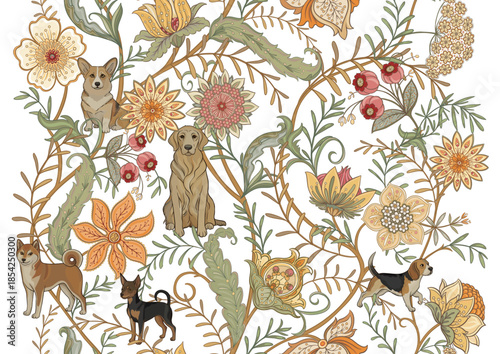 Seamless pattern with dogs and flowers. Ornate botanical design with corgi, beagle and labrador in elegant vintage style. Repeating hand-drawn background for textile and wallpaper.