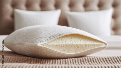 Wallpaper Mural Detailed view of a memory foam pillow revealing its porous core and textured removable cover on a comfortable bed setting Torontodigital.ca